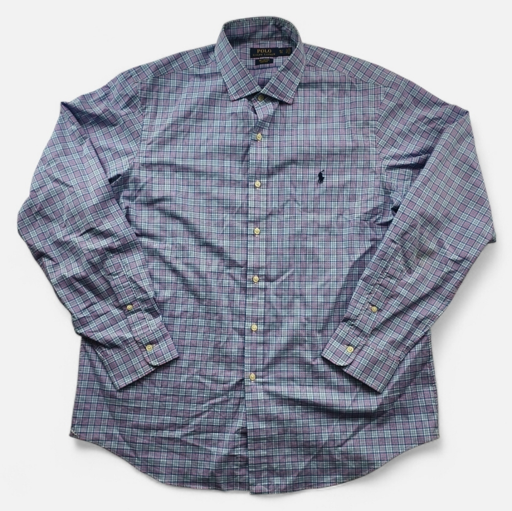 Polo Ralph Lauren Blue Pink Plaid Shirt Men's XL 100% Cotton Stretch Button Down